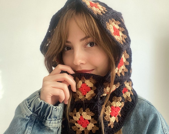 Crochet Balaclava, Black Granny Square Colorful Balaclava, Handknit Winter Hat, Crochet Hoodie, Unisex Balaclava