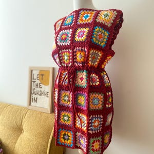 Crochet Dress, Granny Square Mini Dress, Knit Dark Red Dress, Bohemian Dress, Unique Crochet Dress, GunesCrafts Style Crochet Dress