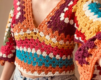 Haut au crochet, haut d'été pour femme, haut court coloré, haut bohème pour femme, haut d'été festival