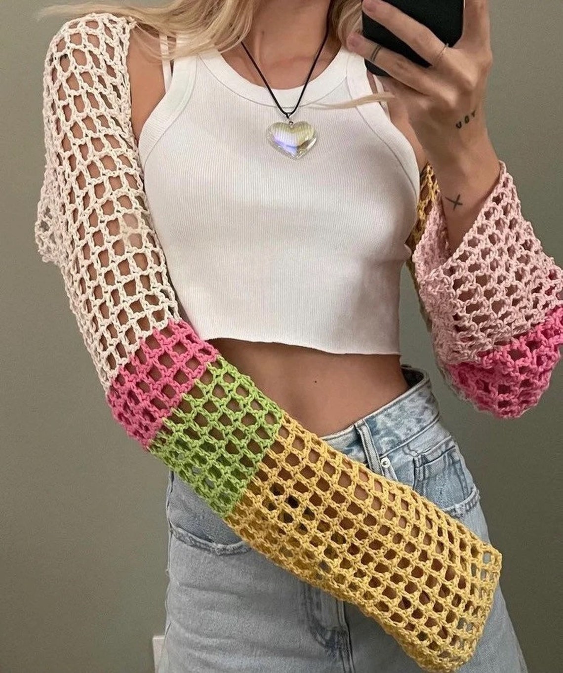 Crochet Sleeve Top Mesh Long Sleeve Crochet Top Y2k Crochet Etsy
