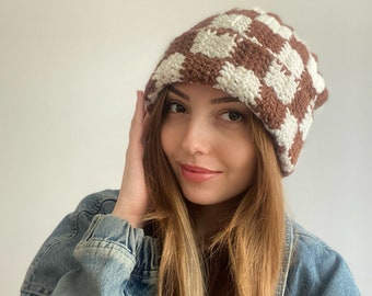 Bonnet au crochet, Bonnet à carreaux, Chapeau d'hiver, Bonnet en laine fait main, Bonnet marron et crème, Chapeau unisexe