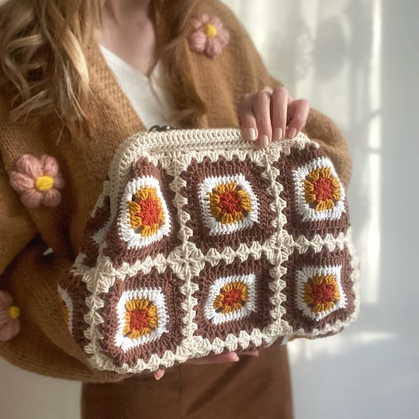 Crochet Clutch Bag, Granny Square Clutch Bag, Natural Handknitted Clutch, Brown Sling Bag, Bohemian Bag, Gift for Her