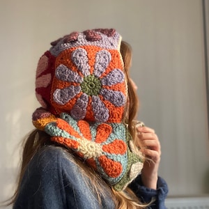 Crochet 3D Flower Balaclava, Colorful Crochet Hood, Handmade Floral Ski Mask, Knit Winter Balaclava, Unique Crochet Headwear