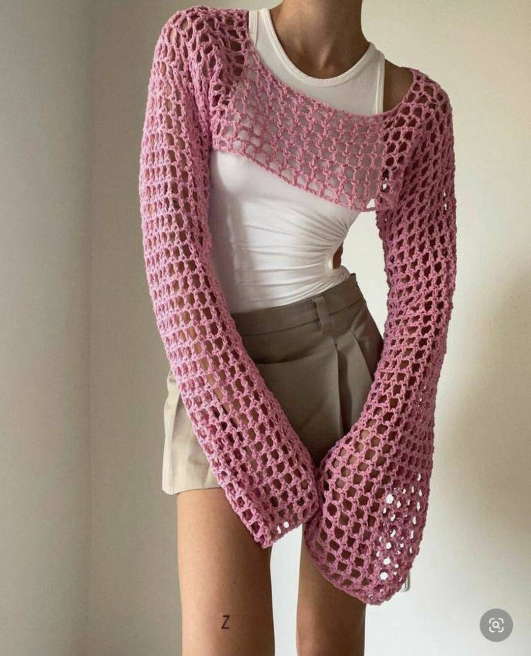 Crochet Top Crochet Sleeve Top Mesh Long Sleeve Top Y2k Crop