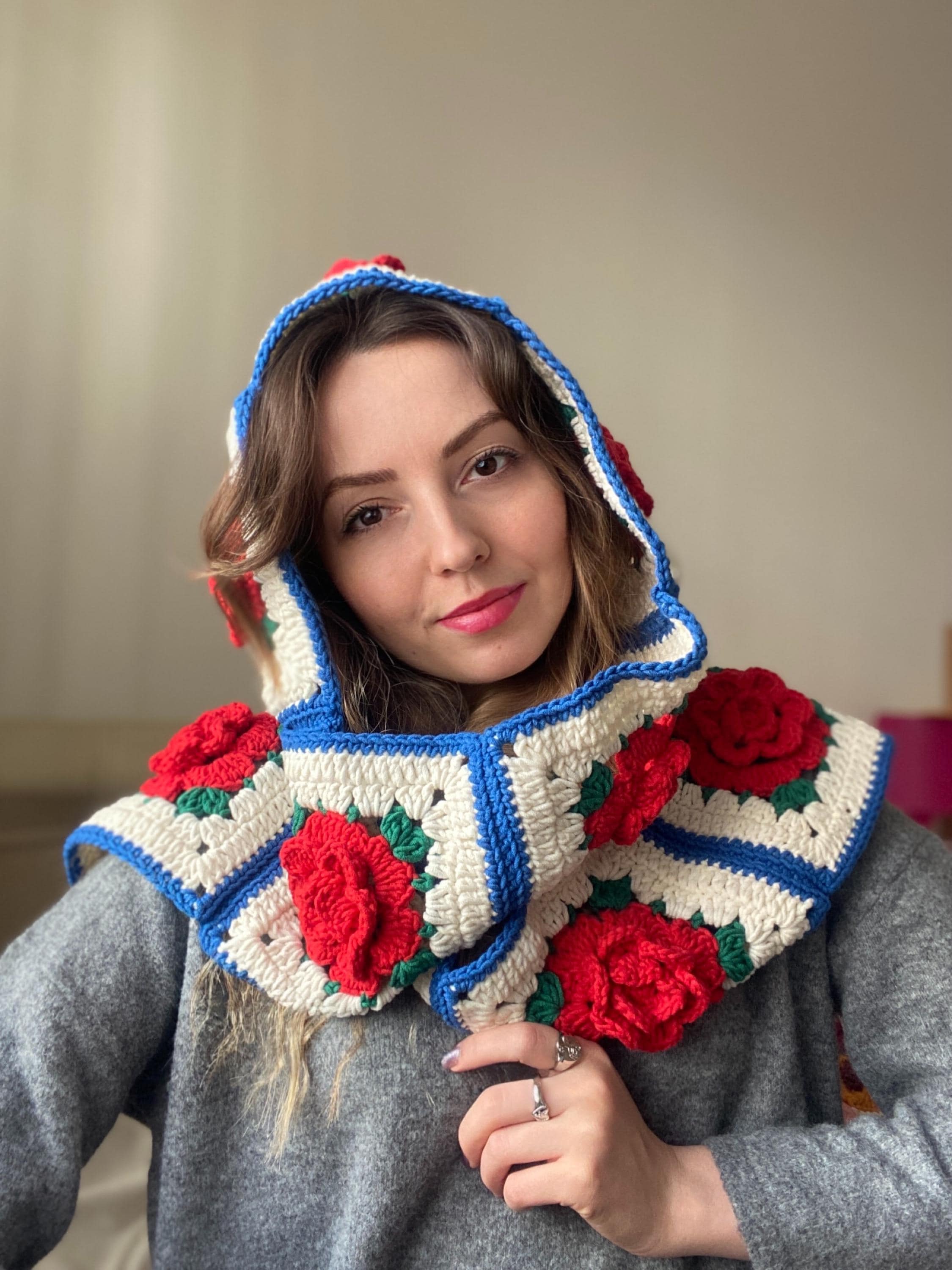 Crochet Scarf, Crochet Rose Hood, Red Rose Motif Balaclava Scarf, Crochet Scoodie, GunesCrafts Style Crochet Hooded Scarf