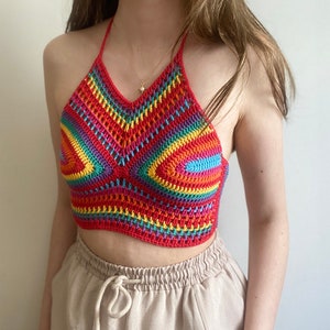 Crochet Rainbow Crop Top, Crochet Pride Top, Pride Parade Cloth, Crochet Halter Top, Handknit Rainbow Top