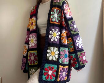 Colorful Crochet Cardigan, Granny Square Cardigan, Flower Cardigan, Unisex Oversize Jacket, Handmade Cardigan, Gift for Her
