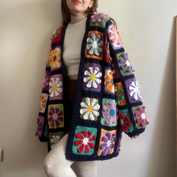 Colorful Crochet Cardigan, Granny Square Cardigan, Flower