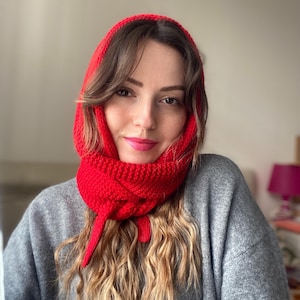 Knit Red Scarf, Knitted Hood Scarf, Cozy Knit Scarf, Red Handknit Hood, Handmade Gift, Unisex Scarf