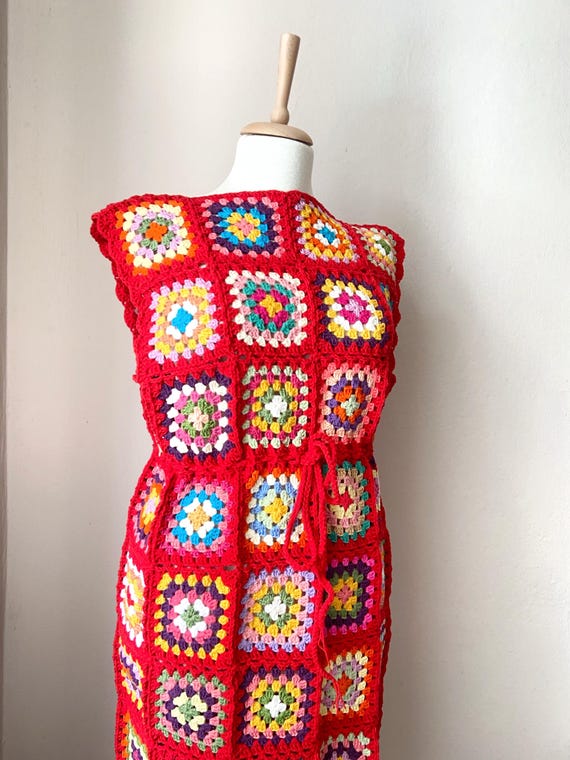 Crochet Dress, Granny Square Mini Dress, Knit Red Dress