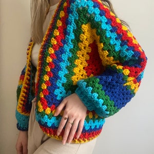 Crochet Cardigan, Rainbow Cardigan, Handknitted Jacket, Colorful Granny Square Cardigan, Unisex Oversize Cardigan, Pullover Cardigan