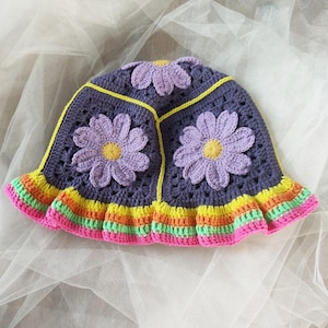 Crochet Flower Hat, Colorful Bucket Hat, Knit Floral Hat, Unisex Colorful Hat, 5 Different Colour Hat, Festival Hat