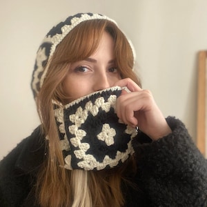 Crochet Balaclava, Granny Square Balaclava, Unisex Handknitted Balaclava, Handmade Black and White Winter Hat, Gift For Her