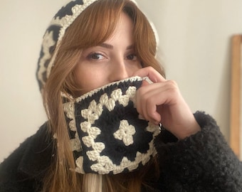 Crochet Balaclava, Granny Square Balaclava, Unisex Handknitted Balaclava, Handmade Black and White Winter Hat, Gift For Her
