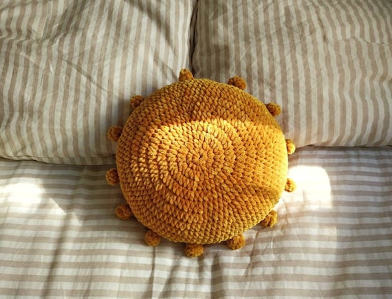Crochet Sun Pillow, Plush Stuffed Decorative Pillow