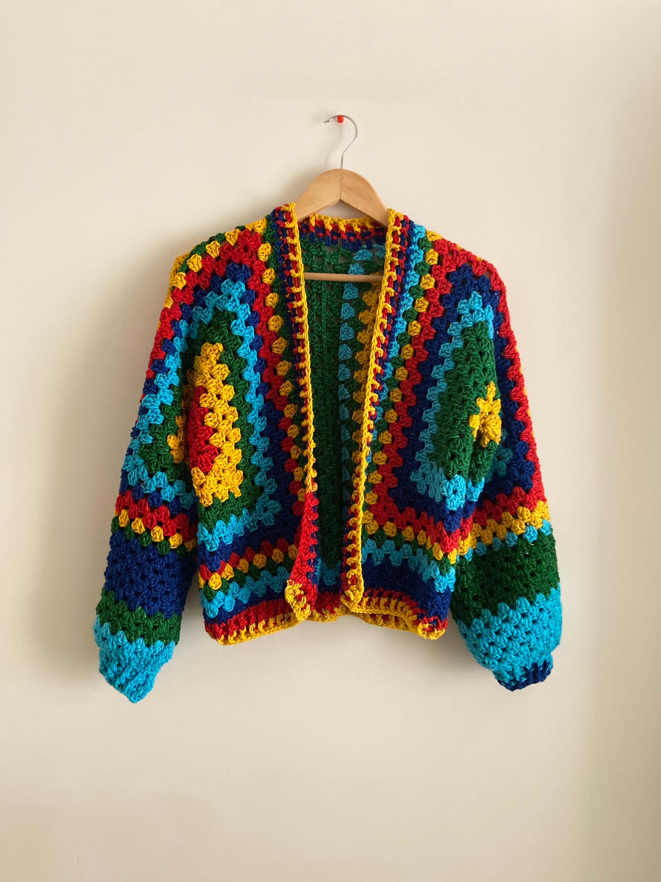 Vintage Granny Square Crochet Cardigan in Rust and Beige