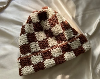 Checkered Crochet Beanie: Handknit Winter Hat