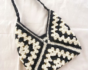 Black and White Crochet Bag, Crochet Paper Bag, Summer Straw Bag, Knit Tote Bag
