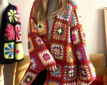Granny Square Cardigan, Crochet Cardigan, Multicolored Midi Length Jacket, Brick Red Base Boho Cardigan, Vintage Style Patchwork Sweater