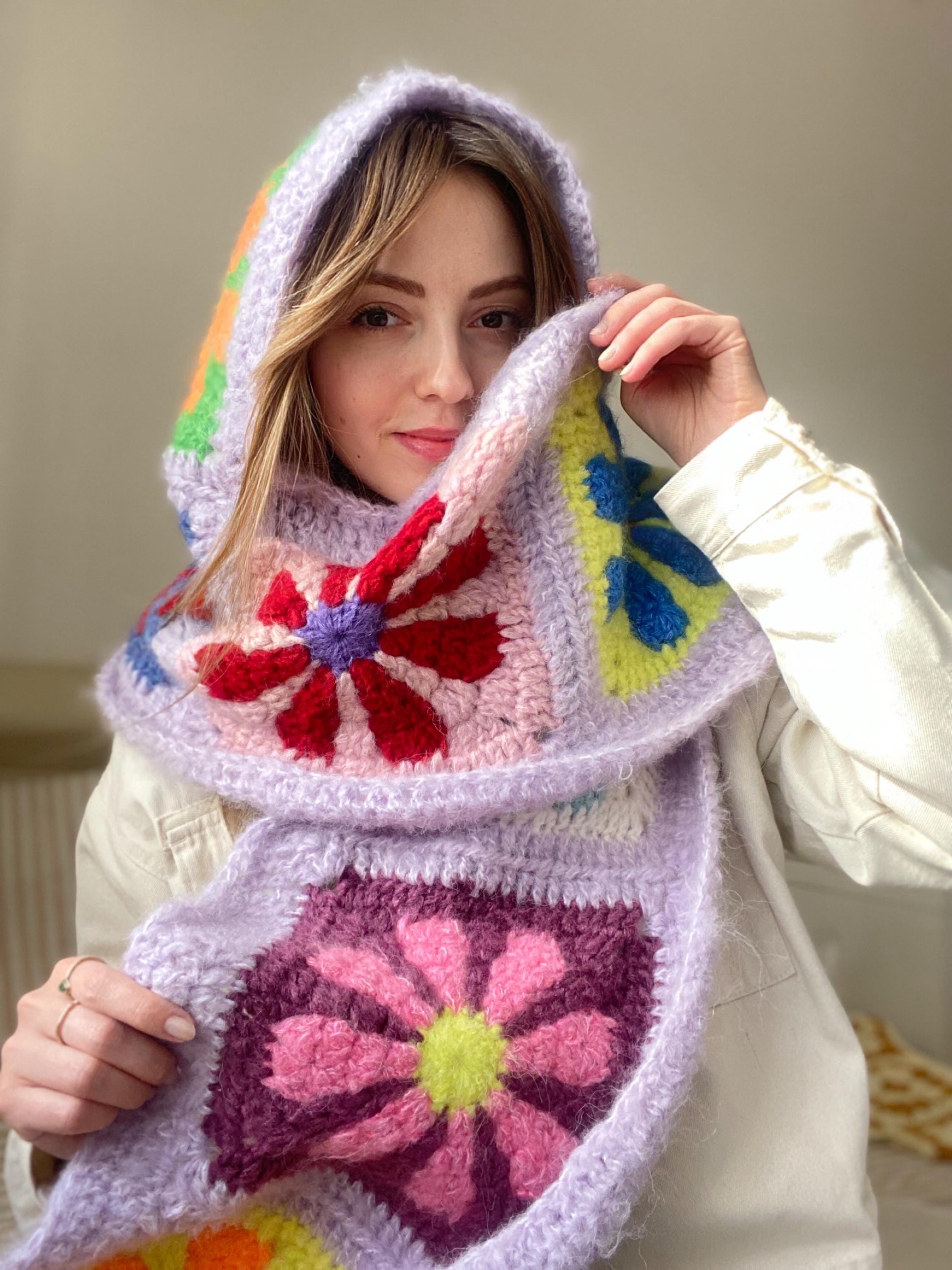 Crochet Balaclava Scoodie, Crochet Flower Scoodie, Handknit Shawl