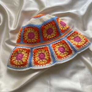 Crochet Granny Square Hat, Colorful Bucket Hat, Summer Bucket Hat, Unisex Colorful Hat, Vintage Hat