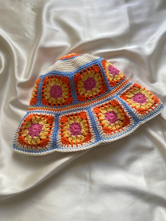 Crochet Granny Square Hat, Colorful Bucket Hat, Summer Bucket Hat, Unisex Colorful Hat, Vintage Hat