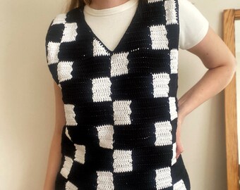 Wednesday Vest, Crochet Checkered Vest, Black and White