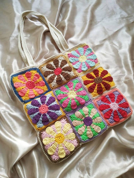 Flower Crochet Bag, Colorful Bag, Retro Bag, Hippie Bag, Bohemian