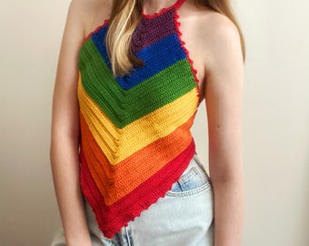 Gehaakte Pride regenbooghaltertop, handgemaakte festivalkleding