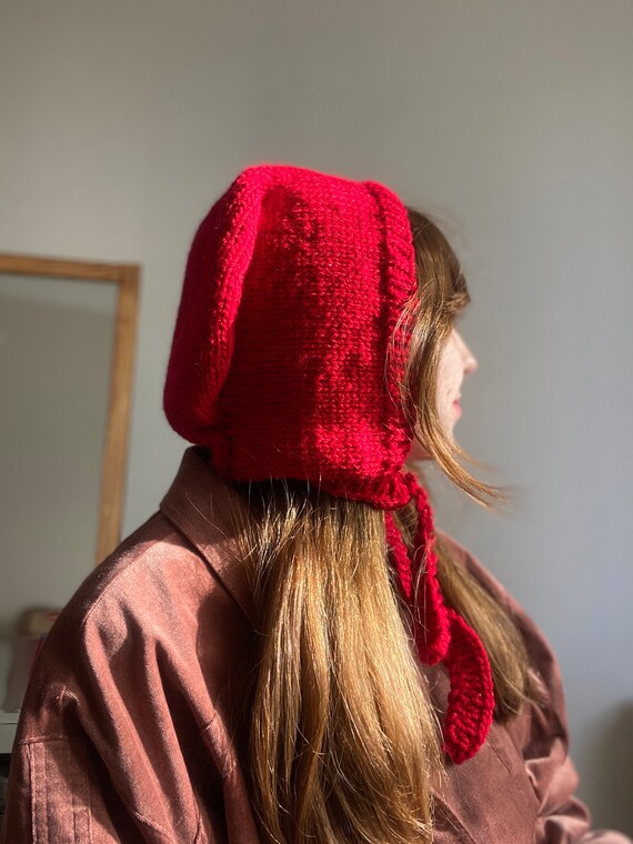 Handknit Bonnet, Red Bonnet, Knit Hood, Handmade Winter Warm 