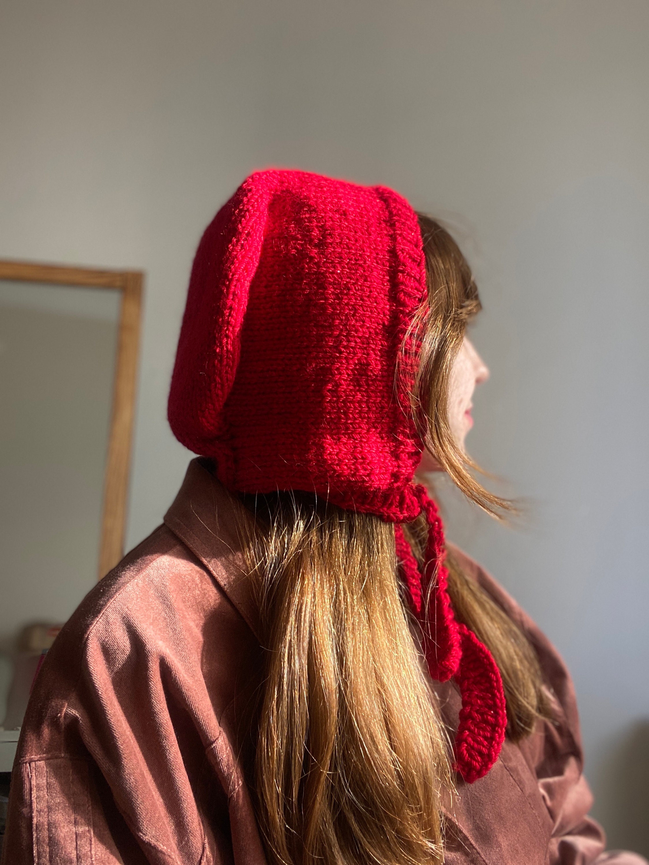 帽子 bonnet knit cap (red) Adult Bonnet, Red Knit Bonnet, Knit Aviator Cap, Chunky Knit