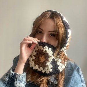 Pasamontañas de crochet, pasamontañas de abuela, pasamontañas negro y marrón, gorro unisex, gorro de invierno tejido a mano, pasamontañas bohemio
