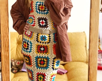 Crochet Midi Dress, Granny Square Bohemian Dress, Colorful Dress, Summer Dress, Festival Maxi Dress