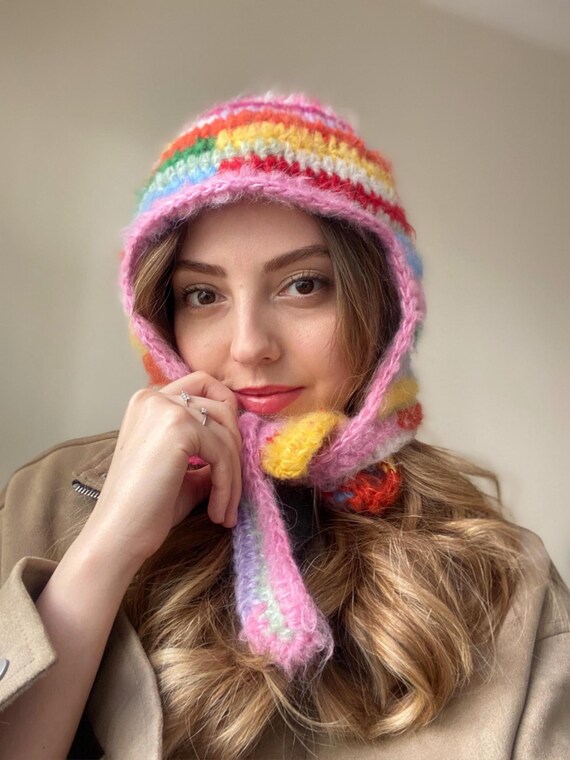 Crochet Hood, Colorful Bonnet , Handmade Warm Hat, Knit Tie  display picture 1
