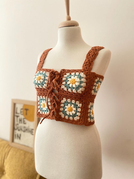 Crochet Floral Top, Handknit Daisy Bustier, Bohemian Crop