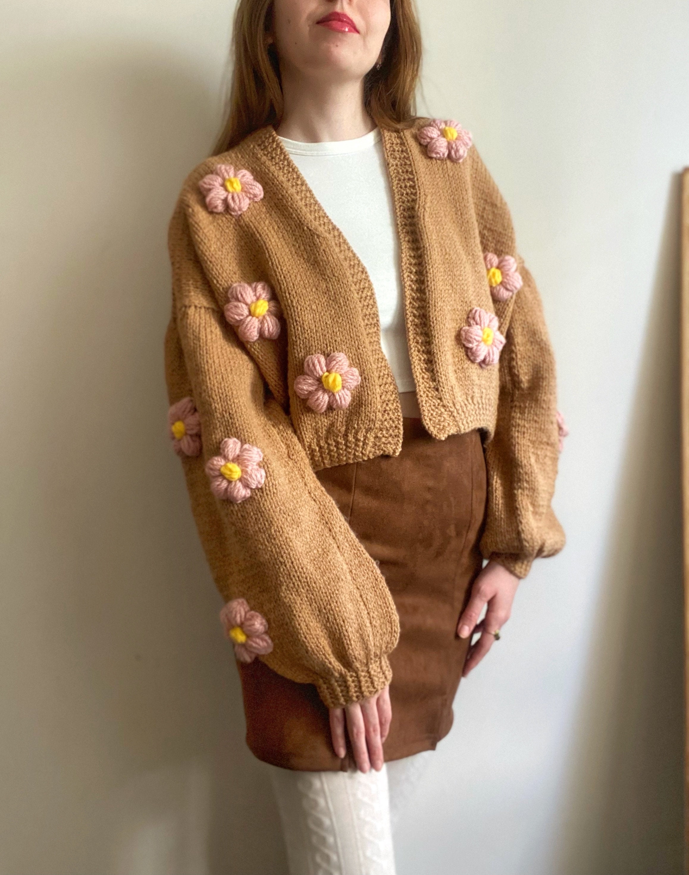 Handknit Floral Cardigan Blossom Cardigan Pink Flower Etsy