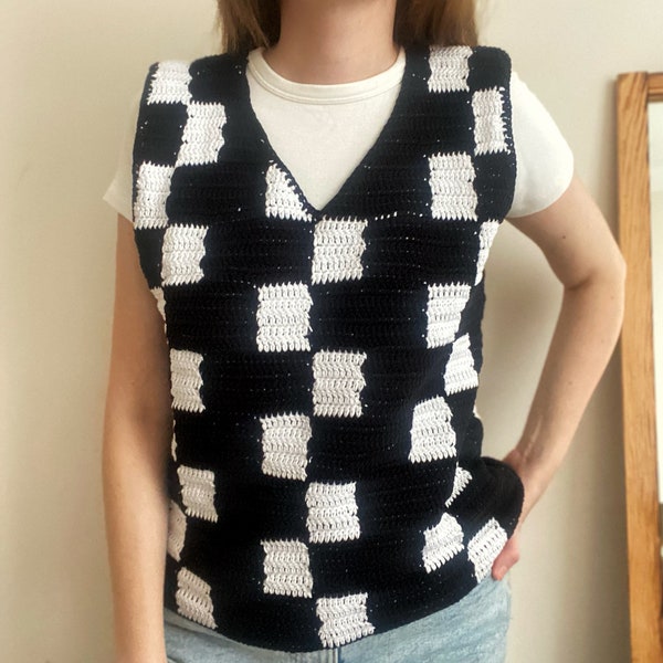 Wednesday Vest, Crochet Checkered Vest, Black and White Blocked Vest, Wednesday Addams Sweater Vest