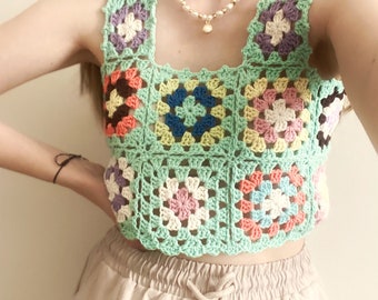 Häkeltop, grüner Sommertop, mehrfarbiges Top, Festival Top, Oma Quadratisches Crop Top