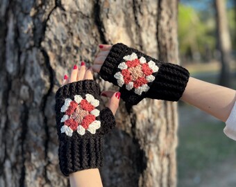 Guantes sin dedos de crochet estilo bohemio: guantes negros de abuela, calentadores de manos hechos a mano
