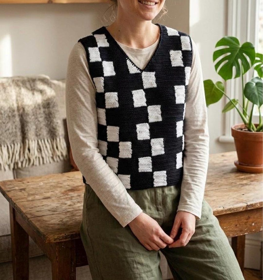 Crochet Checkered Vest: Black and White Blocked Vest - Etsy