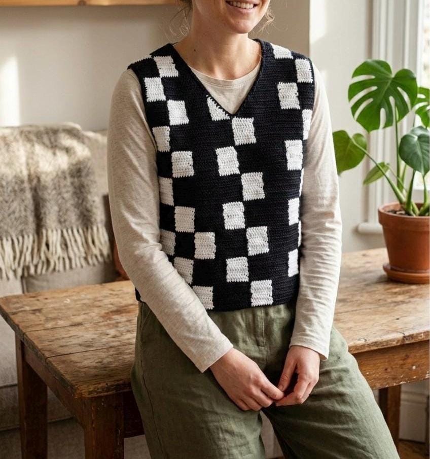 ブラックアイパッチ ニット ベストCHECKERD KNIT VEST Crochet Checkered Vest: Black and White Blocked Vest - Etsy