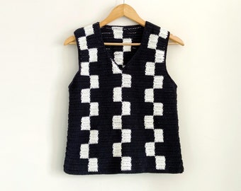 Crochet Checkered Vest, Black and White Blocked Vest, Wednesday Vest