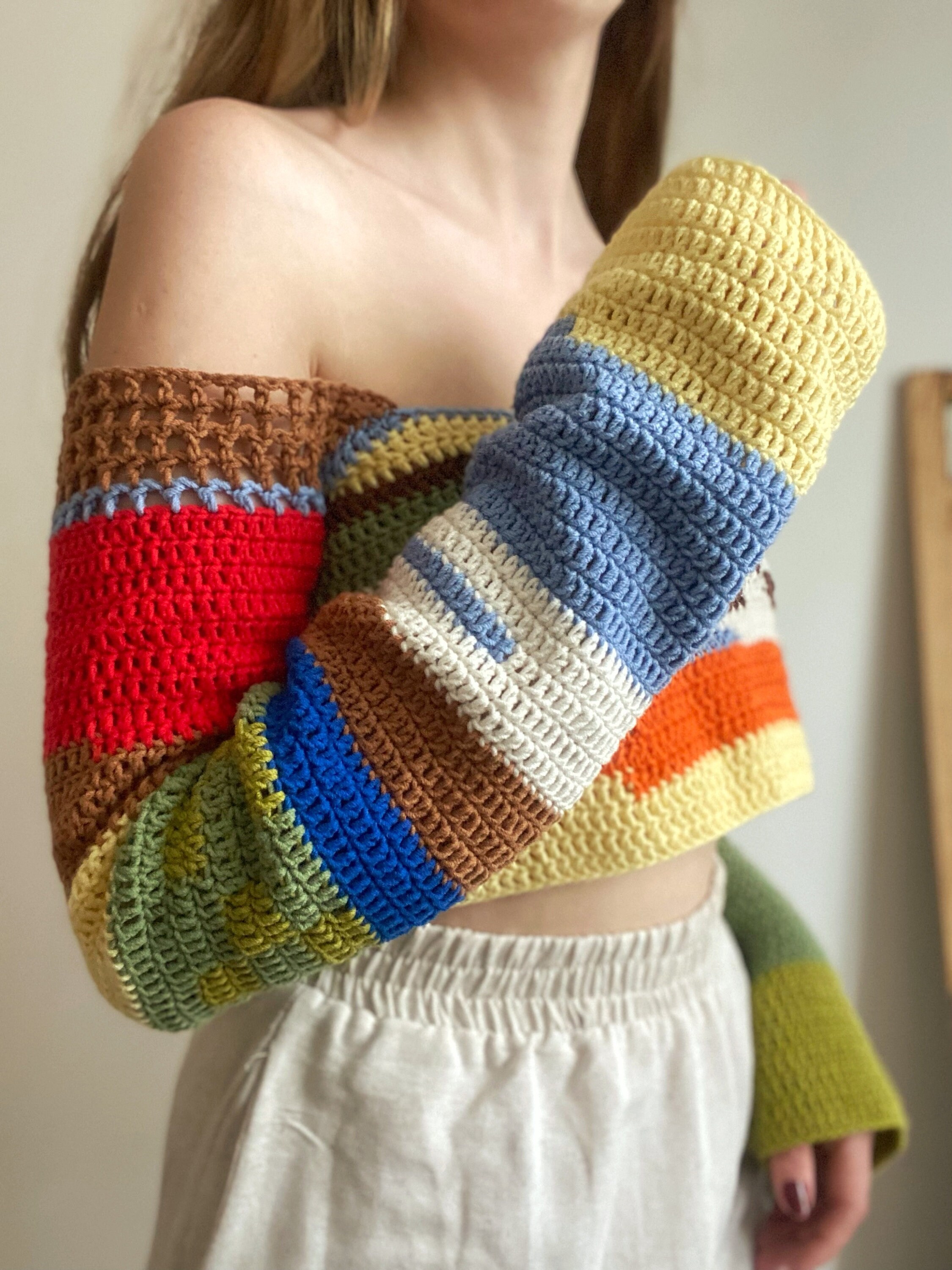 Crochet Crop Top, Crochet Long Sleeve Top, Handmade Colorful