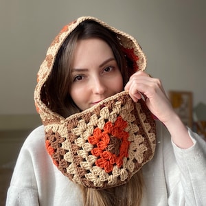 Crochet Balaclava, Colorful Granny Square Balaclava, Beige Orange Balaclava, Cozy Wool Balaclava, Handknit Hood, Bohemian Hood