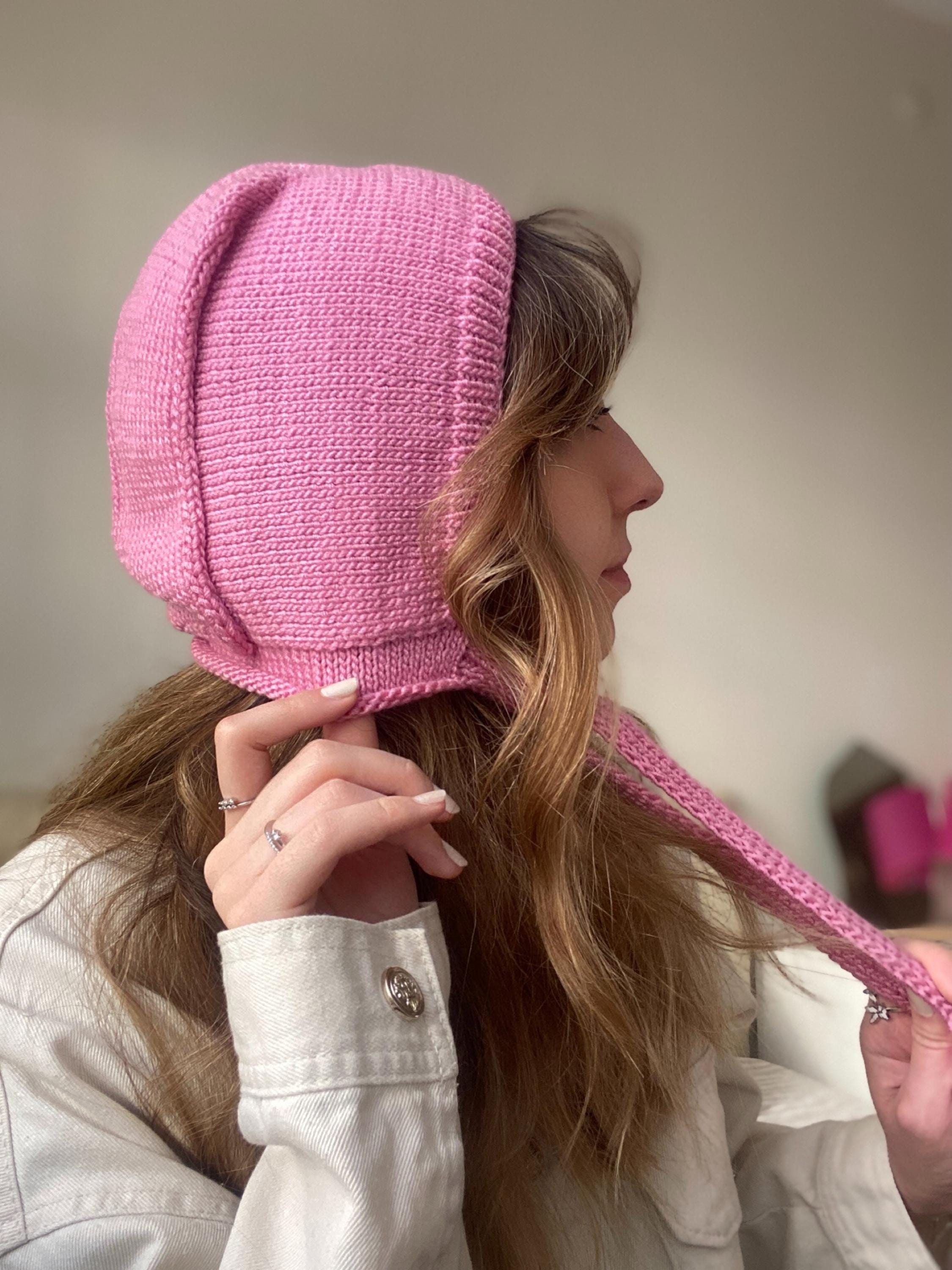 Hand-Knitted Adult Bow Tie Bonnet, Pink Bonnet, Unisex Bonnet, Winter Warm Hat, Hanmade Balaclava, Christmas Gift