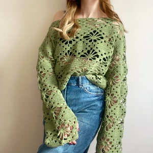 Crochet Crop Top, Crochet Long Sleeve Top, Handmade Green Top, Green Crochet Sweater, Mesh Top, Festival Top