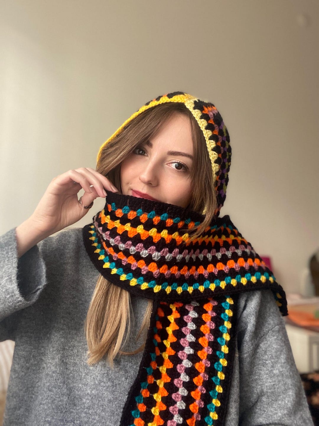 Crochet Colorful Balaclava With Scarf, Granny Square Scoodie