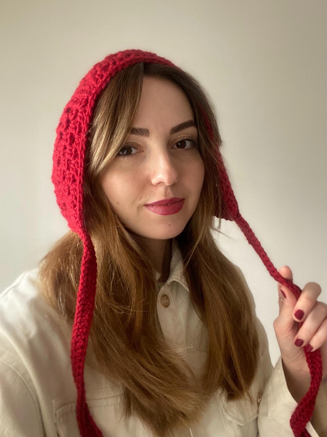 Crochet Red Bonnet, Granny Square Bonnet, Bohemian Bonnet, Handmade ...