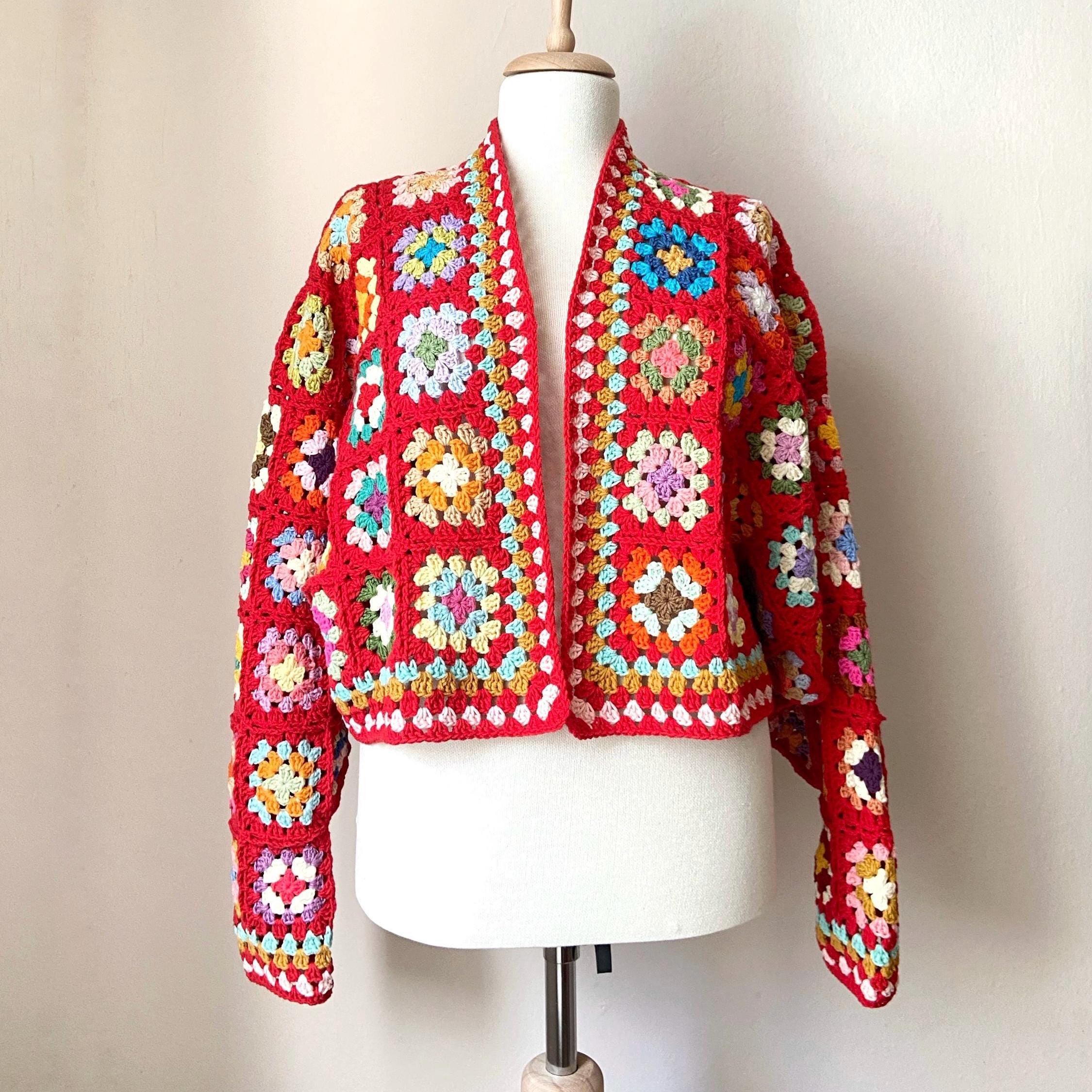 Crochet Red Cardigan, Red Granny Square Cardigan, Granny