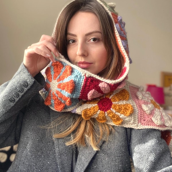 Crochet Scarf, 3D Flower Scarf, Chunky Crochet Shawl, Floral Knit Long Scarf, Bohemian Scarf, Gunes Crafts Style Scarf, Unique Gift